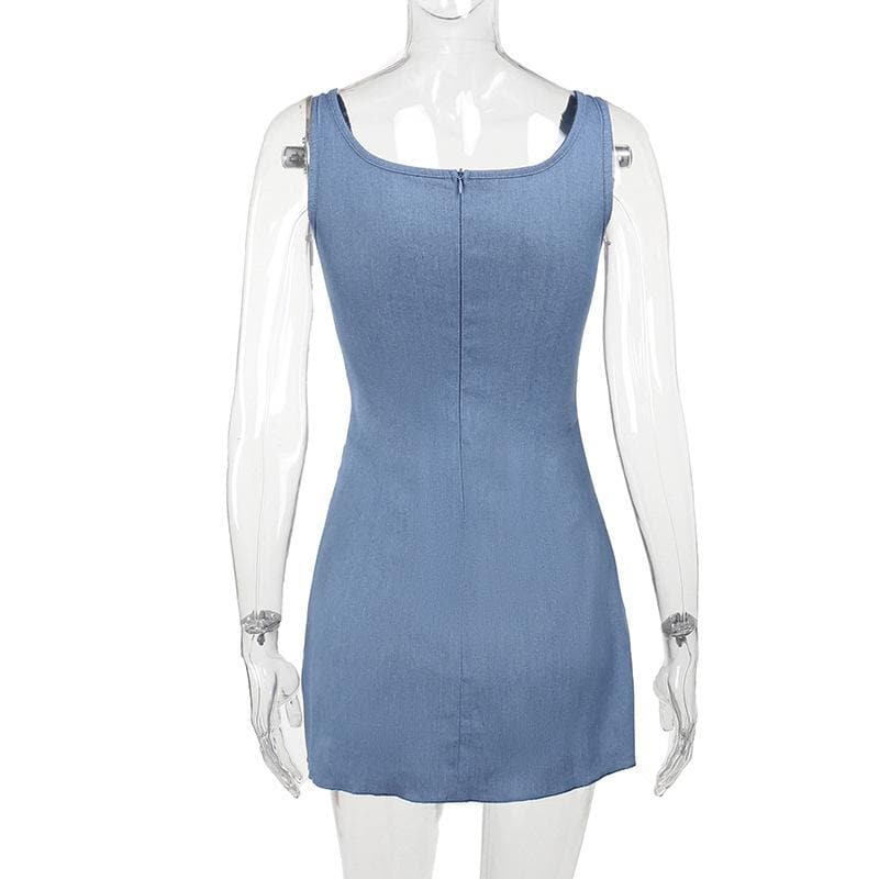 High slit bustier denim flower applique mini dress