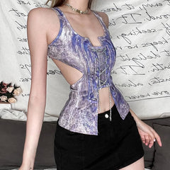 Metal chain lace up sleeveless hollow out contrast print crop cut out top