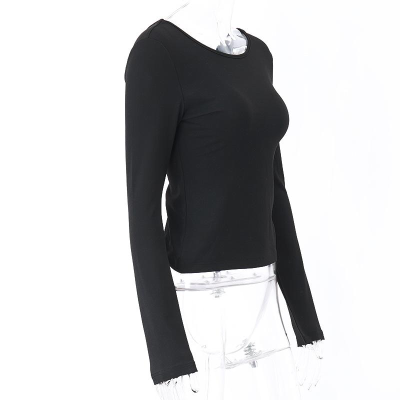 Long sleeve round neck solid backless slit top