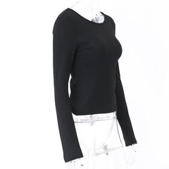 Long sleeve round neck solid backless slit top