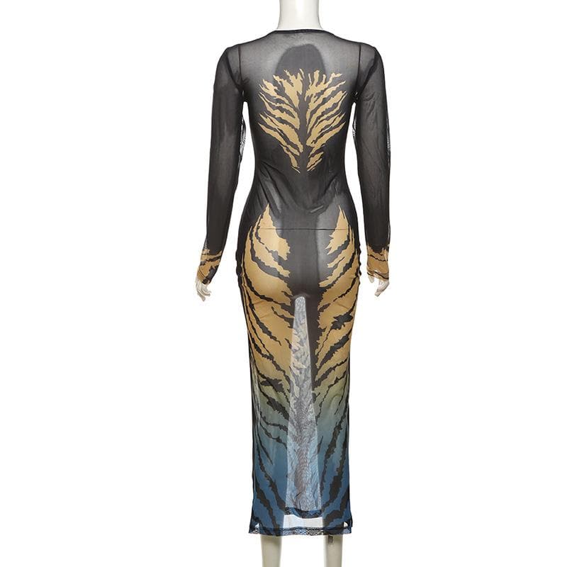 Long sleeve tiger print crewneck sheer mesh midi dress