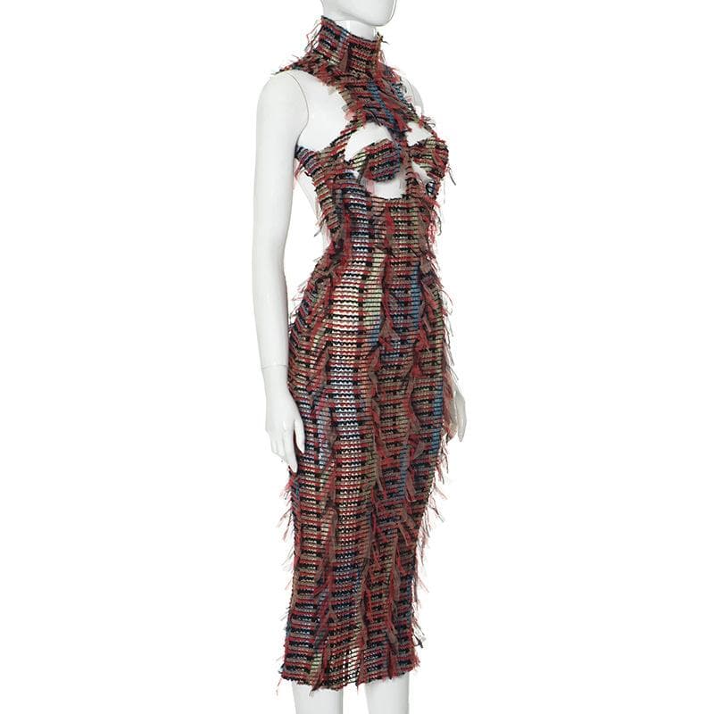 High neck hollow out mesh backless cut out midi dress