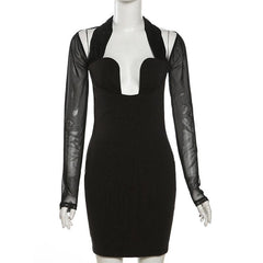 Long sleeve halter mesh patchwork solid mini dress