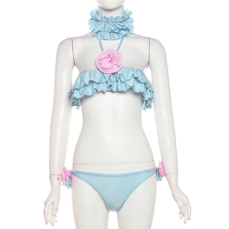 Halter ruffle flower applique self tie 3 piece pant set