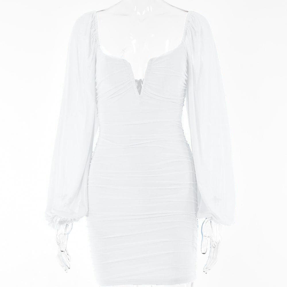 Mesh solid long sleeve ruched notch neck zip-up mini dress
