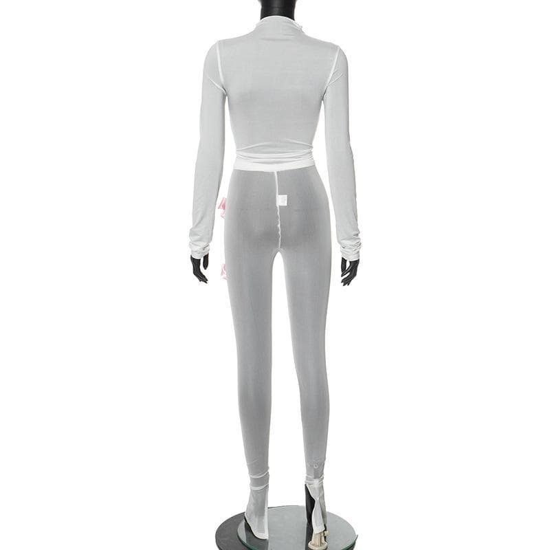 Long sleeve bowknot high neck mesh see through pant set