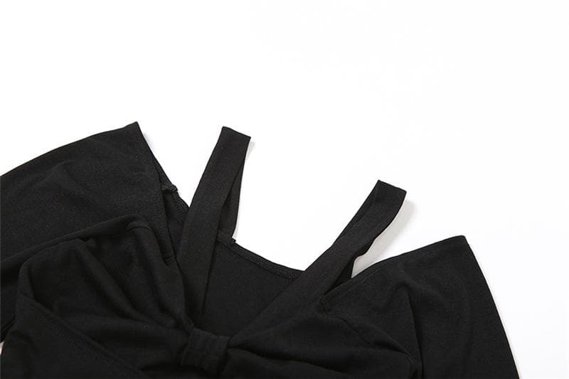 Long sleeve self tie bowknot hollow out solid crop cut out top