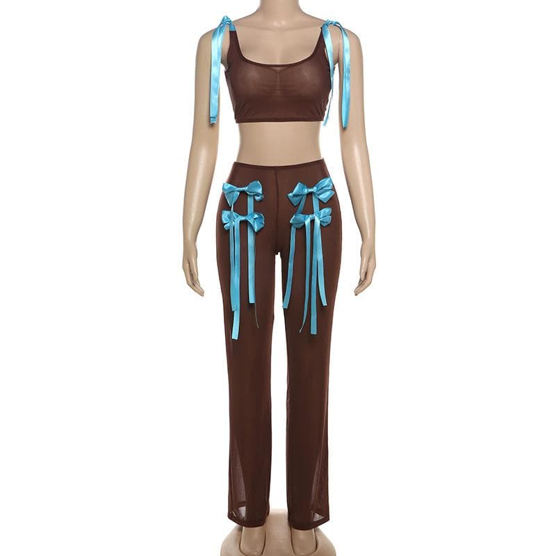 Bowknot applique sheer mesh self tie tank pant set