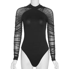 High neck mesh see-through ruched bodysuit