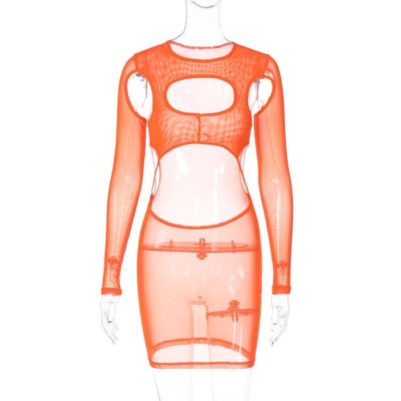 Long sleeve hollow out sheer mesh see through cut out mini dress