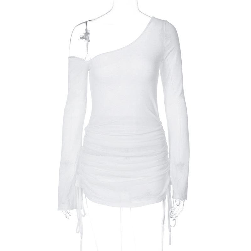 Long sleeve one shoulder drawstring ruched mini dress