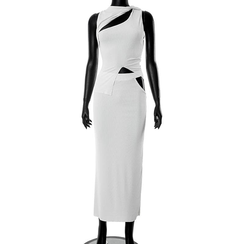 Hollow out solid knotted sleeveless irregular ribbed maxi skirt set- Final Sale