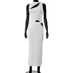 Hollow out solid knotted sleeveless irregular ribbed maxi skirt set- Final Sale