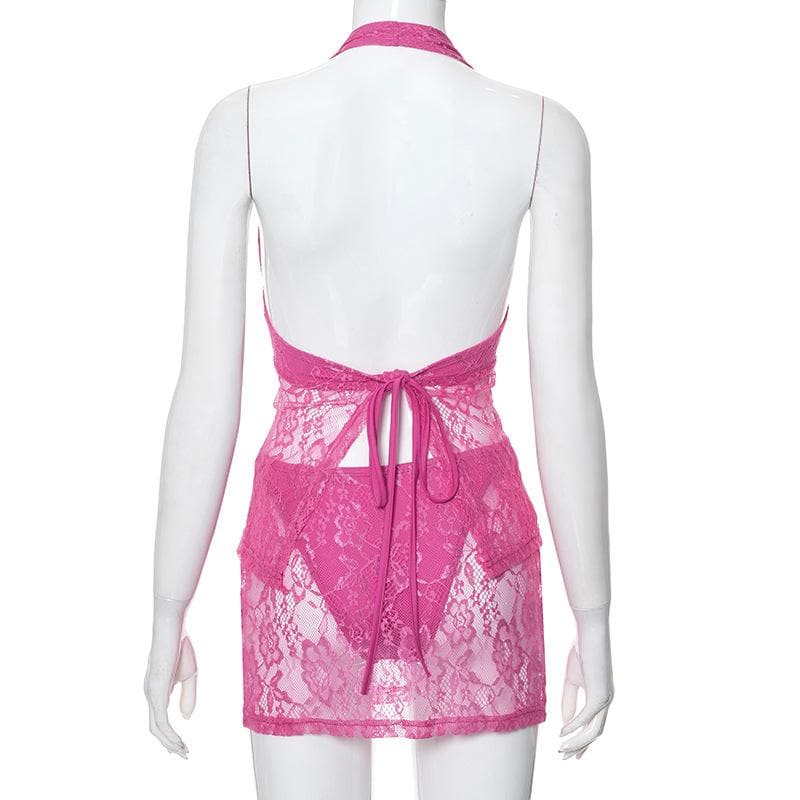 Halter lace knotted lace up mini skirt set