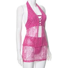 Halter lace knotted lace up mini skirt set