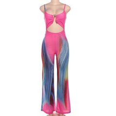 Hollow out print backless u neck low cut cami jumpsuit