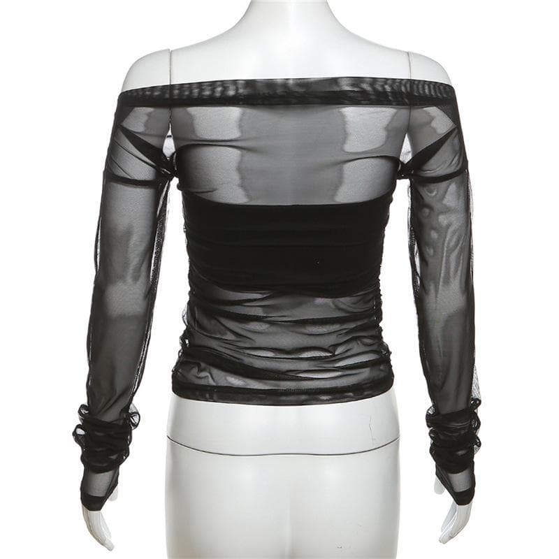 Mesh off shoulder ruched solid long sleeve 2 piece top