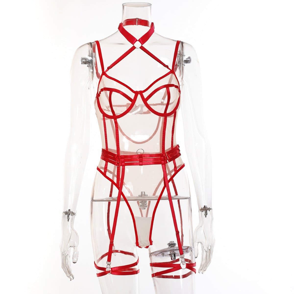 Mesh print garter o ring halter bodysuit