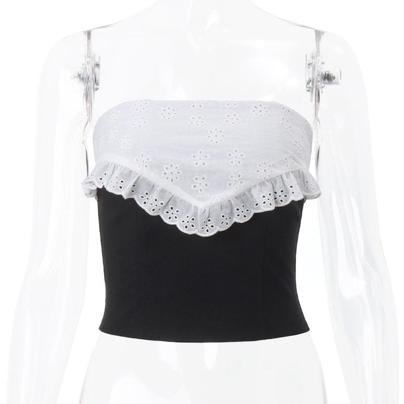 Backless zip-up contrast lace patchwork ruched tube top