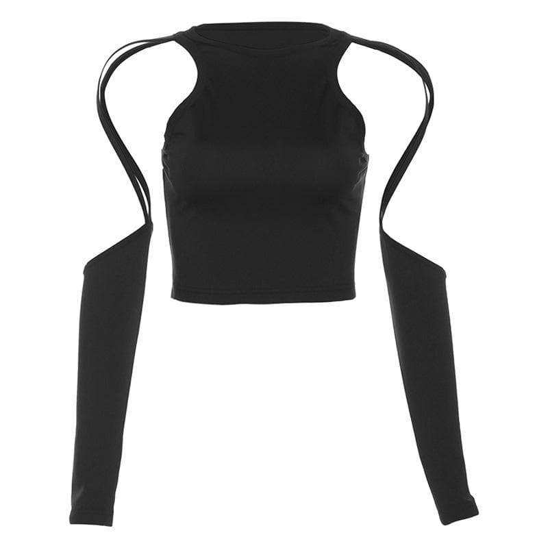 Hollow out solid long sleeve crewneck crop cut out top