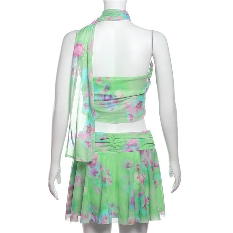 Halter ruched print ruffle mesh mini skirt set