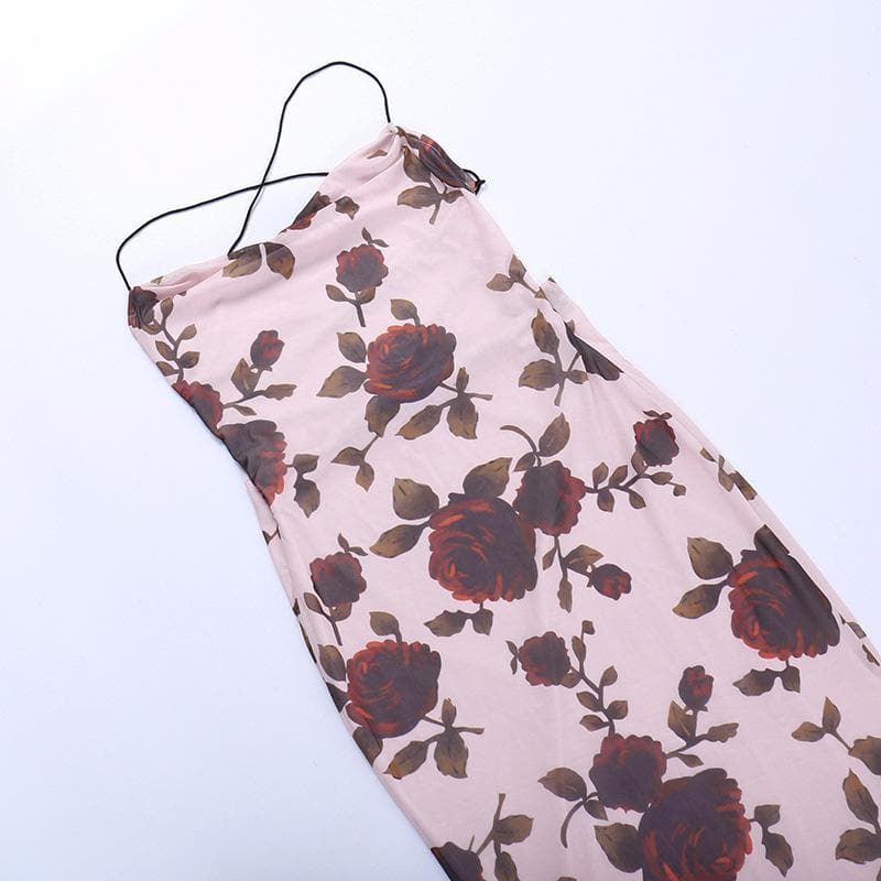 Flower print contrast cross back lace up backless midi dress