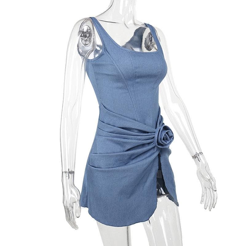 High slit bustier denim flower applique mini dress