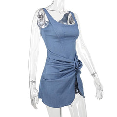 High slit bustier denim flower applique mini dress