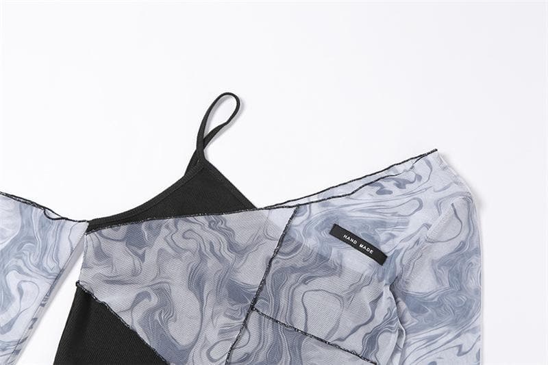 Long sleeve mesh irregular ruffled crop top