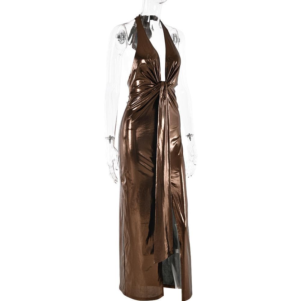 Halter metallic slit deep v neck backless midi dress