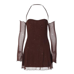 Long sleeve halter mesh glitter off shoulder mini dress