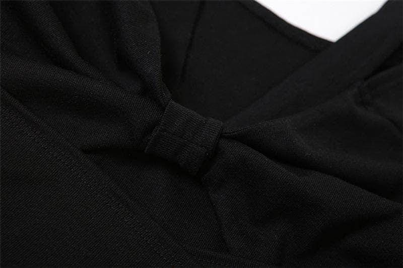 Long sleeve self tie bowknot hollow out solid crop cut out top