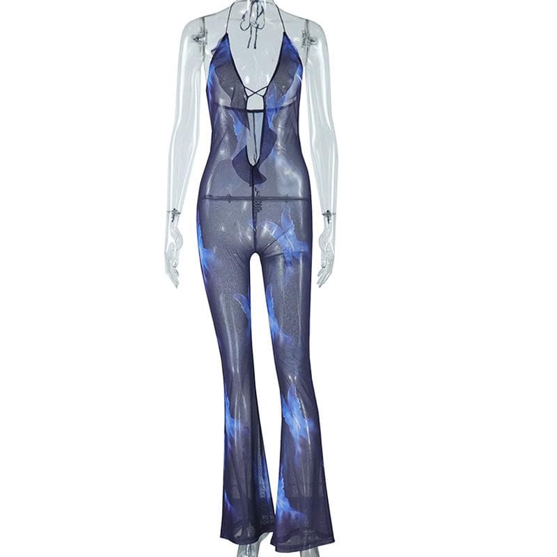 Halter ruffle sheer mesh backless print jumpsuit