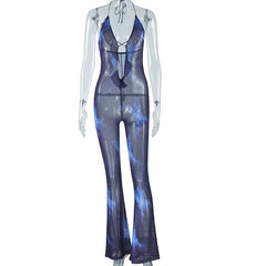 Halter ruffle sheer mesh backless print jumpsuit