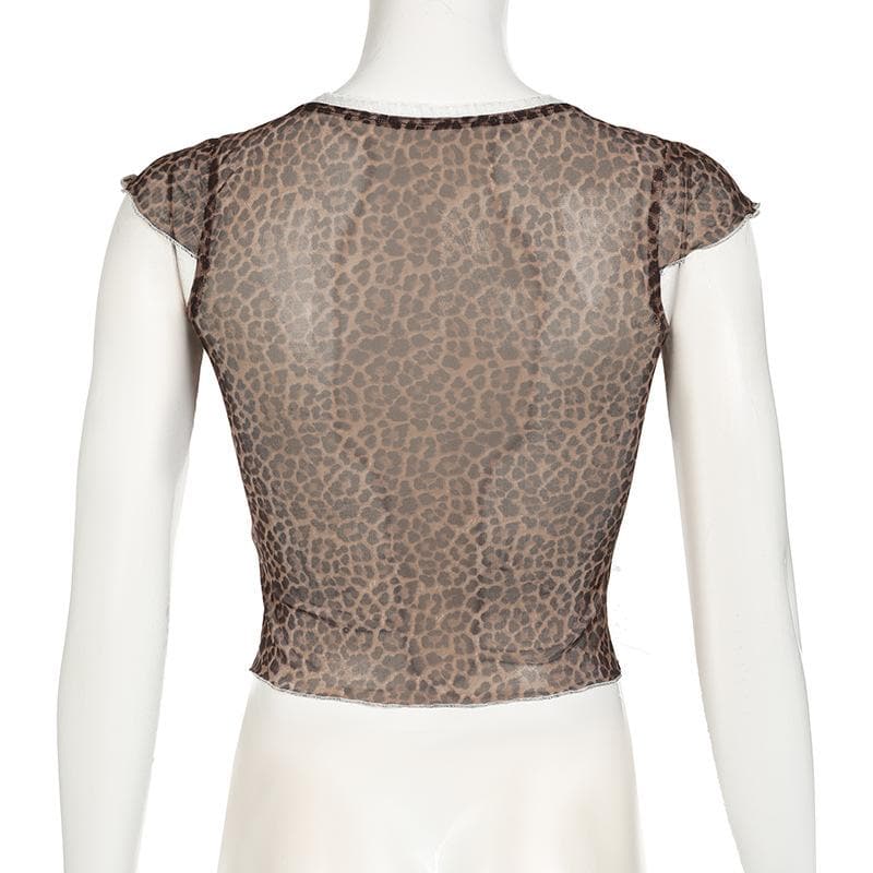 Leopard print short sleeve bowknot mesh top