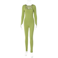 Long sleeve solid u neck slit jumpsuit