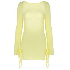 Long sleeve backless self tie mini dress