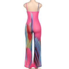 Hollow out print backless u neck low cut cami jumpsuit