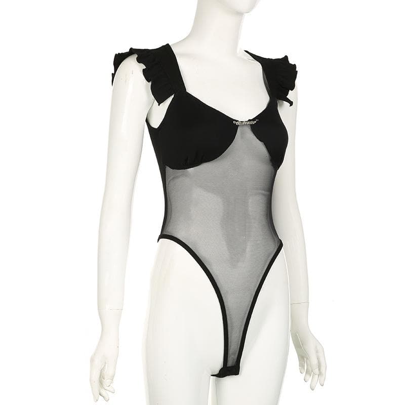 Mesh ruffle v neck metal tag bodysuit