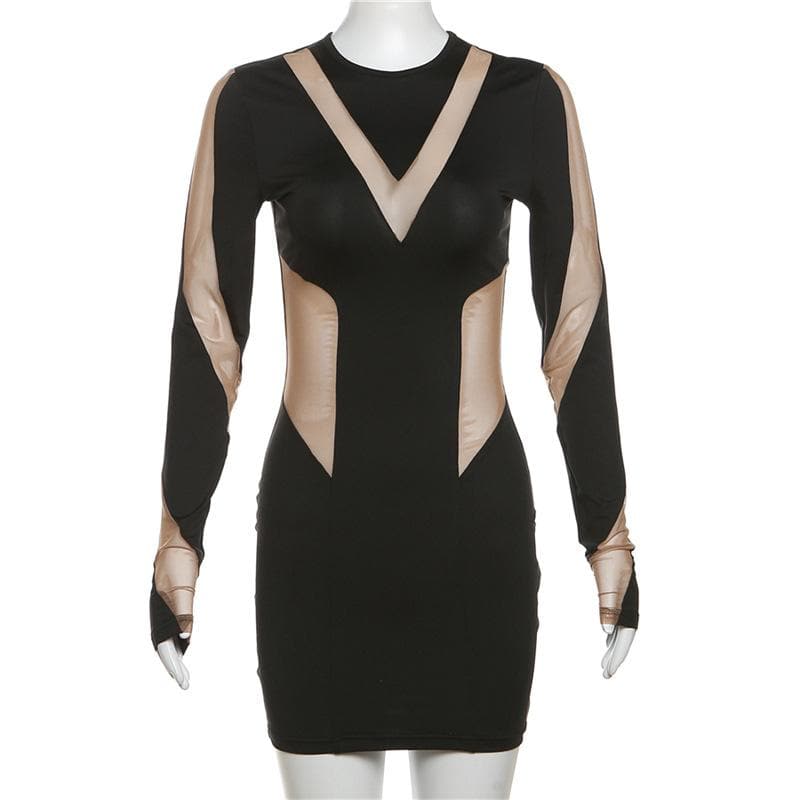 Long sleeve crewneck mesh patchwork contrast mini dress - Final Sale