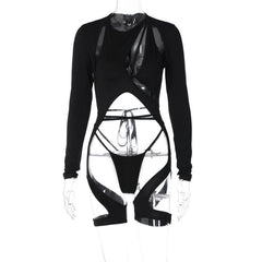 Long sleeve hollow out zip-up irregular solid cut out top