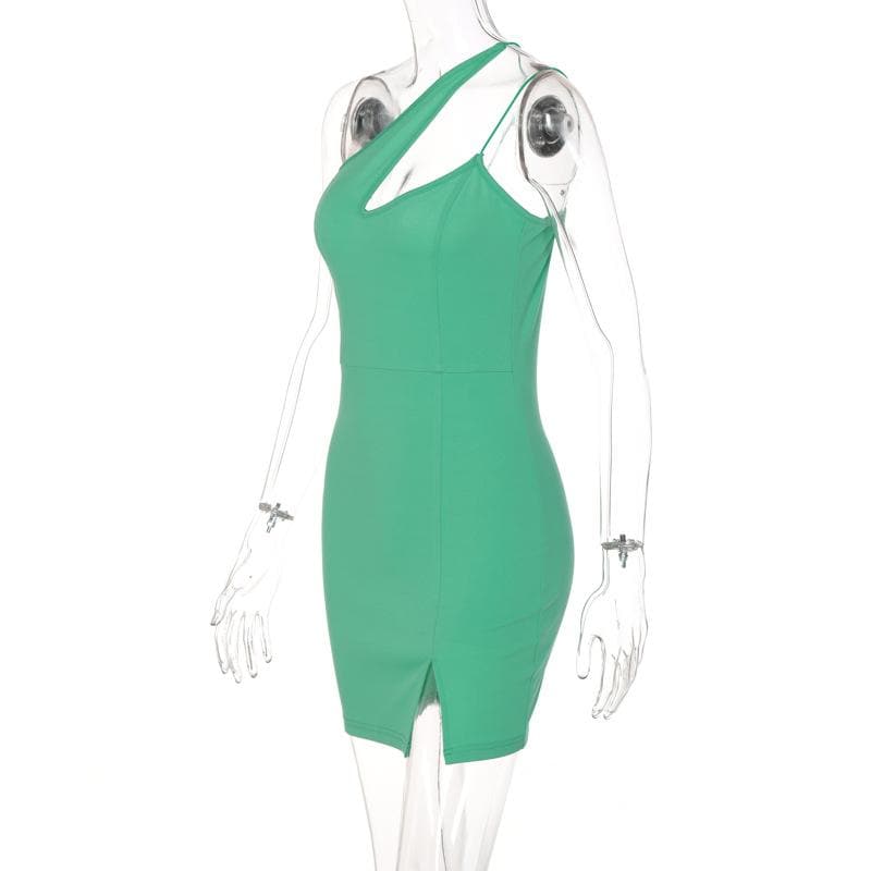Hollow out slit solid sleeveless one shoulder backless cut out mini dress