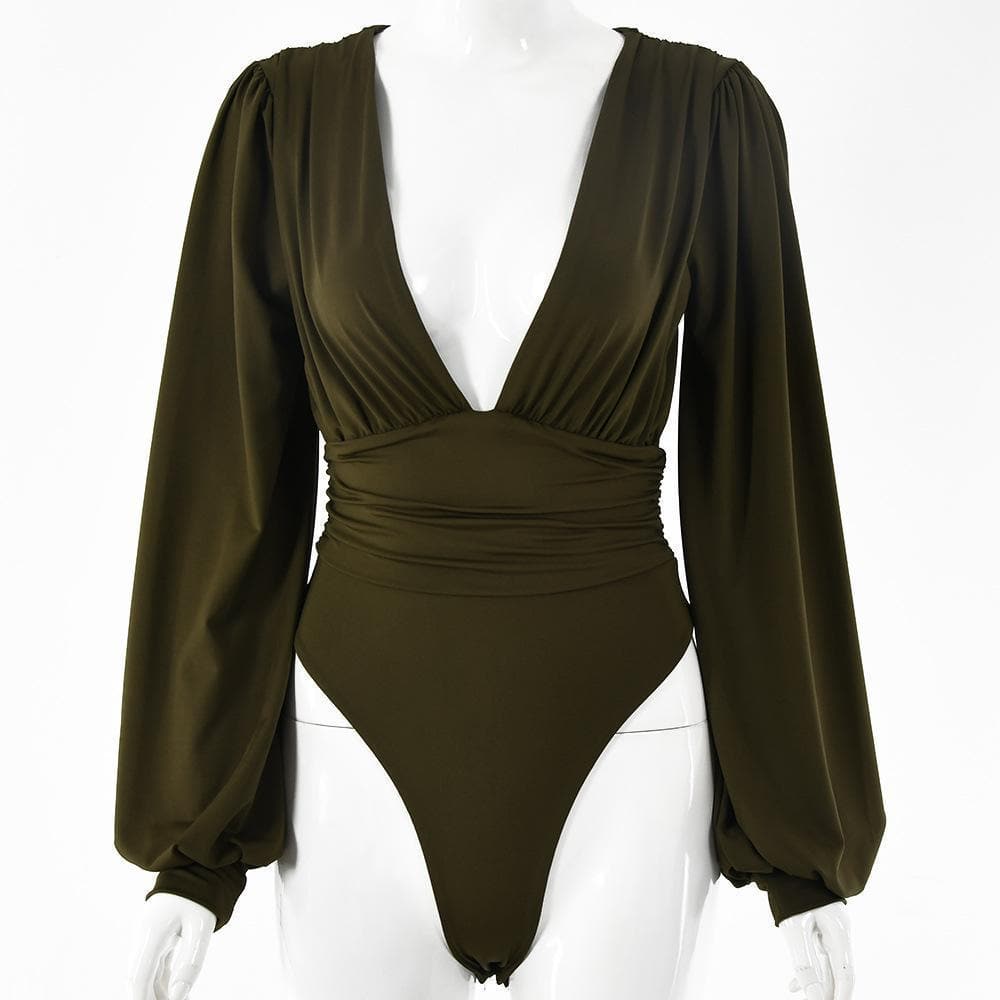 Halibuy Double layered deep v neck ruched solid bodysuit