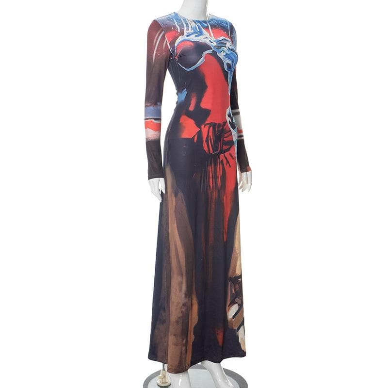 Abstract long sleeve contrast print maxi dress