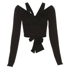 Long sleeve self tie bowknot hollow out solid crop cut out top