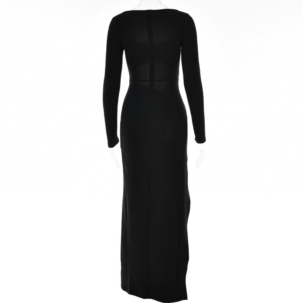 Long sleeve solid hollow out ruched slit knotted cut out midi dress