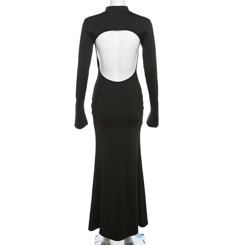 Backless high neck long sleeve solid maxi dress