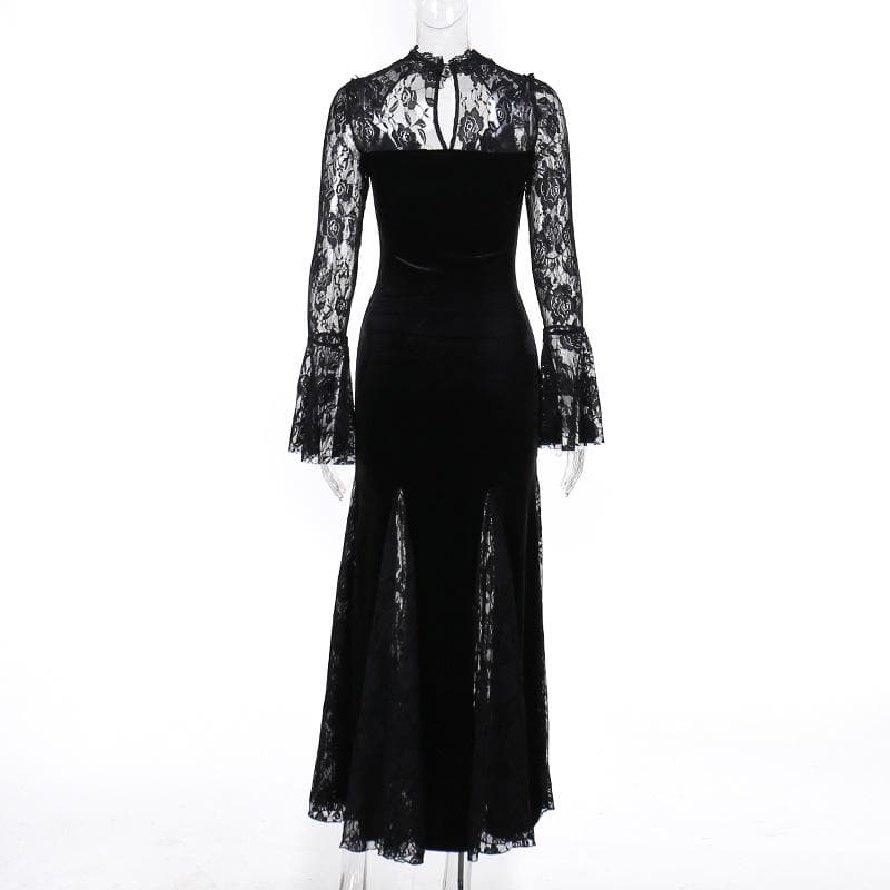 Long flared sleeve crewneck lace embroidery ruffle maxi dress