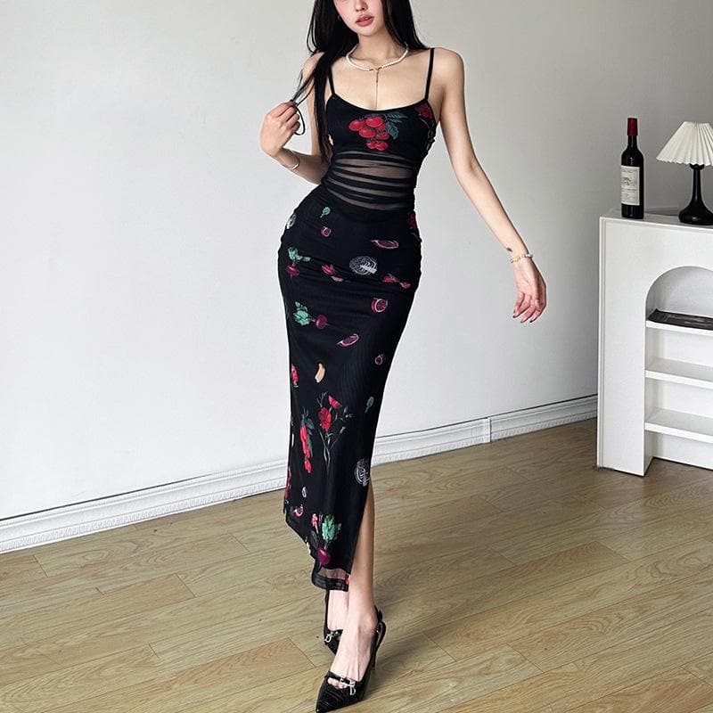 High slit print mesh backless cami midi dress