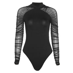 High neck mesh see-through ruched bodysuit